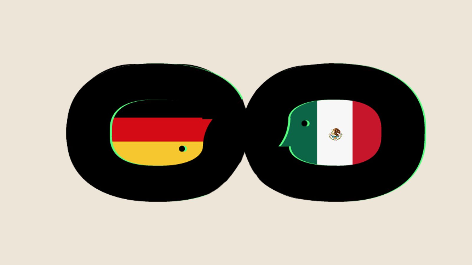 El isotipo de Covers DEMX en sus dos lados: dos óvalos negros enlazados, uno relleno con la bandera alemana y otro con la mexicana, como dos caras que se miran