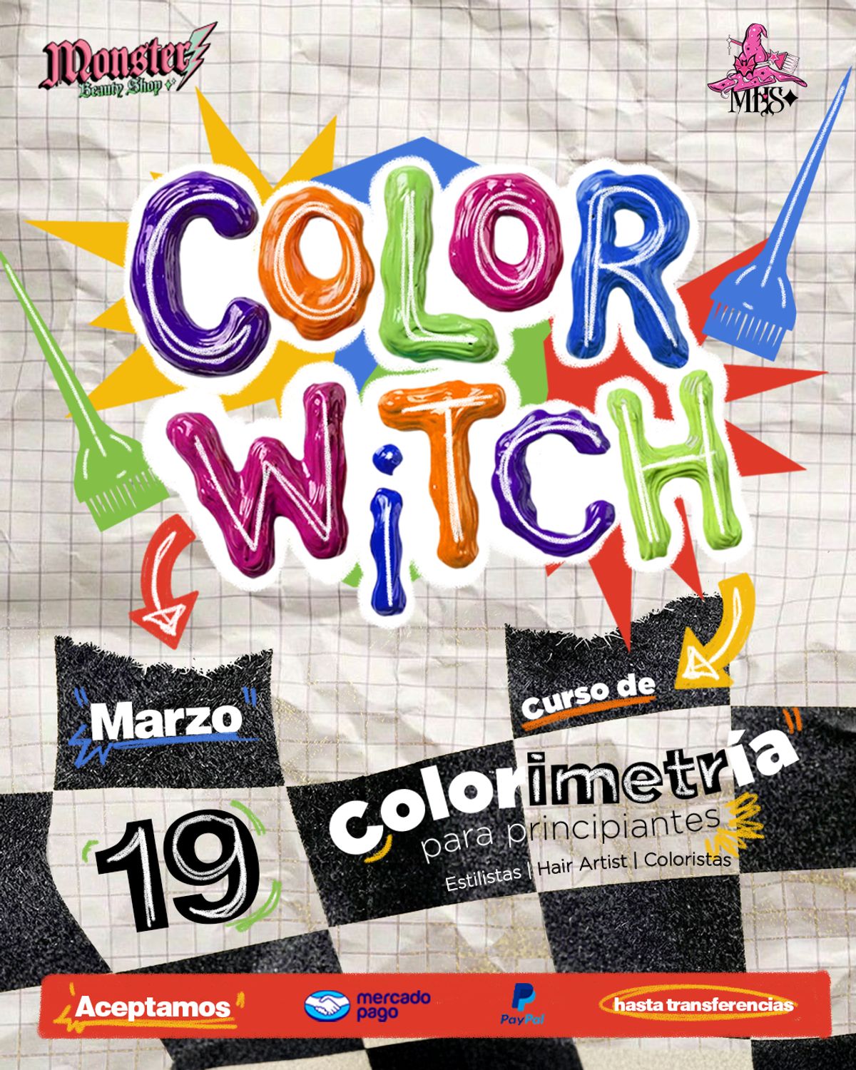 Anuncio del curso de colorimetría para principiantes Color Witch: el título escrito con tinta de colores en relieve sobre papel cuadriculado arrugado, flanqueado por brochas de tinte, y abajo un tablero de ajedrez con la fecha 19 de marzo y la franja de métodos de pago