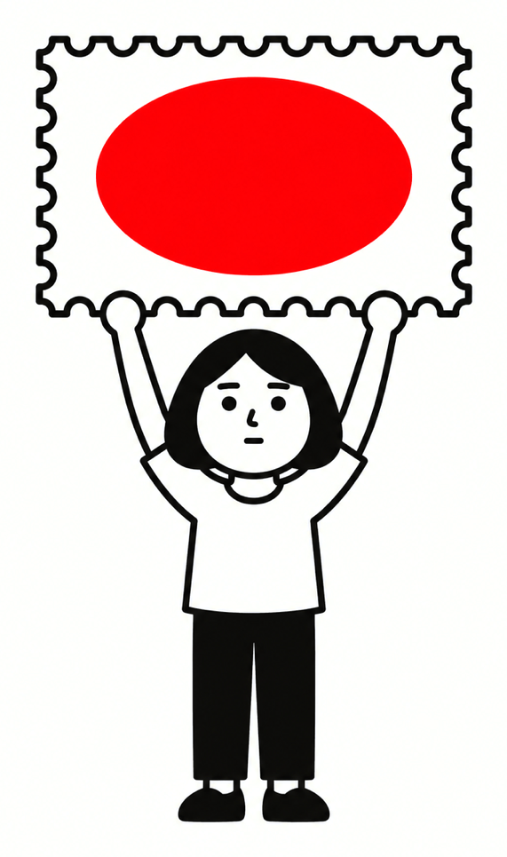 Ilustración de Noizu: una persona sostiene en alto una estampilla con un círculo rojo