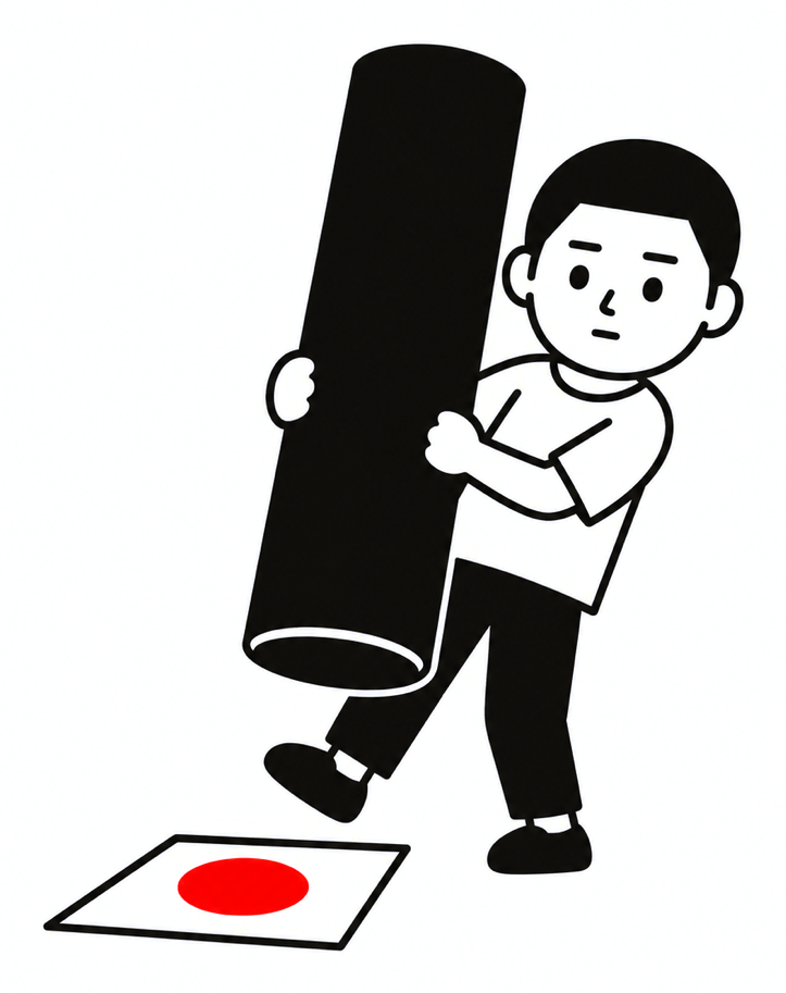 Ilustración de Noizu: un personaje carga un sello gigante hacia un papel con un círculo rojo