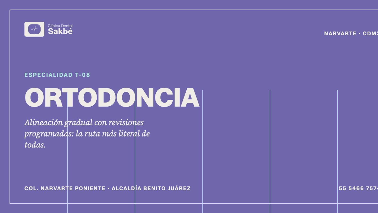 El sistema aplicado a la página de ortodoncia del sitio, con el imagotipo, la retícula de líneas y el titular en crema sobre violeta