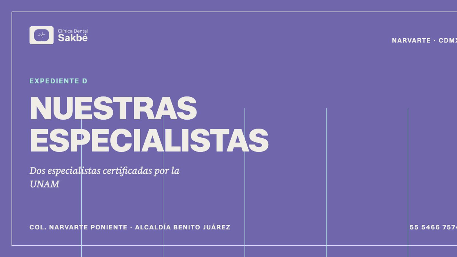 Pieza de la sección Nosotros del sitio de Sakbé Dental con la misma retícula y jerarquía tipográfica de la marca
